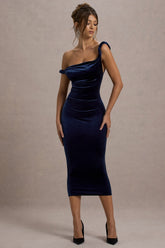 Navy Velvet Twisted Asymmetric Midi Dress